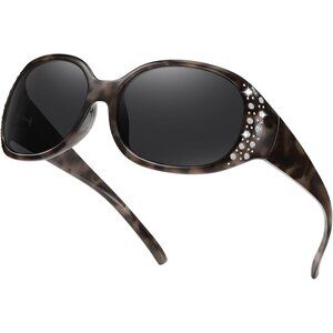 Women's Polarized Gray Frame Eyes Protection Sunglasses Rhinestone Around Wrap